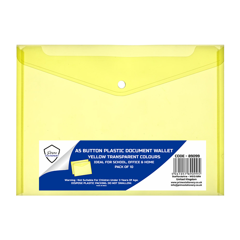 Prime A5 Stud Wallet Transparent Yellow Pack of 10